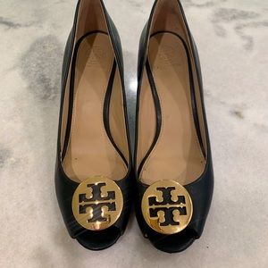 Tory Burch Black leather peep toe wedge pump